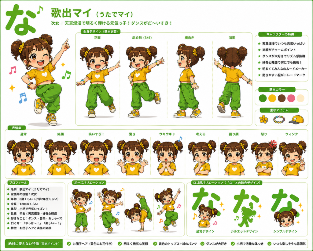 歌出マイの全身、表情、ポーズ、色、持ち物をまとめた公式設定資料