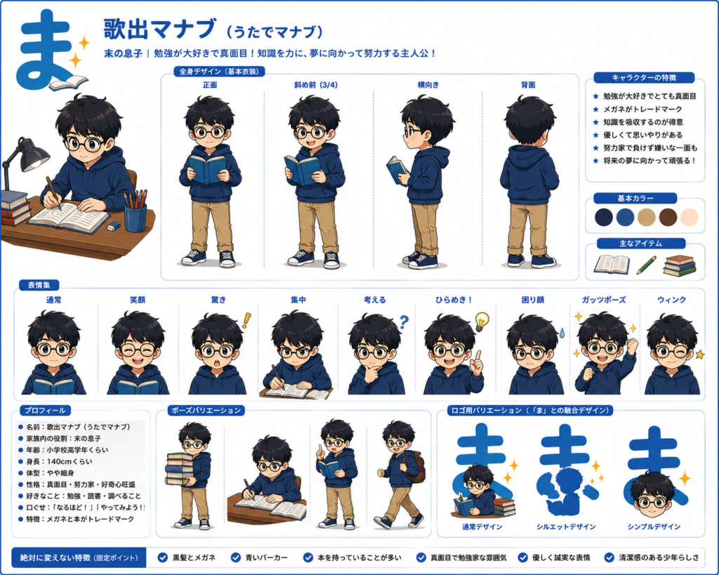 歌出マナブの全身、表情、ポーズ、色、持ち物をまとめた公式設定資料
