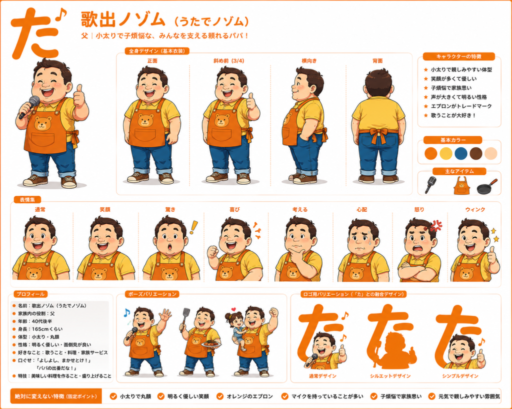 歌出ノゾムの全身、表情、ポーズ、色、持ち物をまとめた公式設定資料